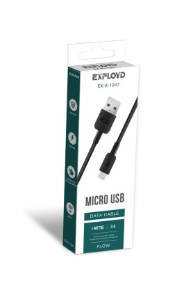 Дата-кабель/Exployd/USB - microUSB/круглый/силикон/чёрный/1М/3A/Flow/EX-K-1247
