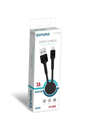Дата-кабель/Exployd/USB - microUSB/круглый/силикон/чёрный/1М/3A/Flow/EX-K-1259