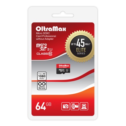 Карта памяти Oltramax 64GB microSDXC Class 10 UHS-1 Elite без адаптера SD 45 MB/s