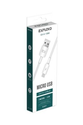 Дата-кабель/Exployd/USB - microUSB/круглый/силикон/белый/2М/2.4A/Easy/EX-K-1390