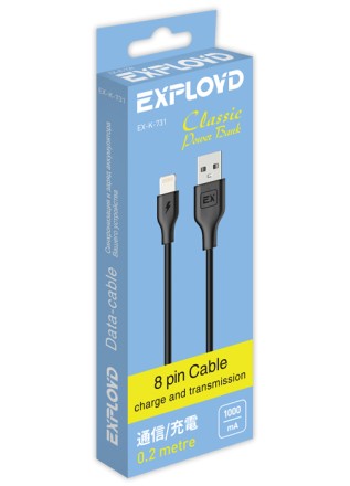Дата-кабель/Exployd/USB - 8 Pin/круглый/чёрный/0.2М/Power Bank/Classic/EX-K-731