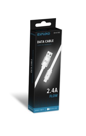 Дата-кабель/Exployd/USB - microUSB/плоский/силикон/белый/1М/2.4A/Flow/EX-K-1312