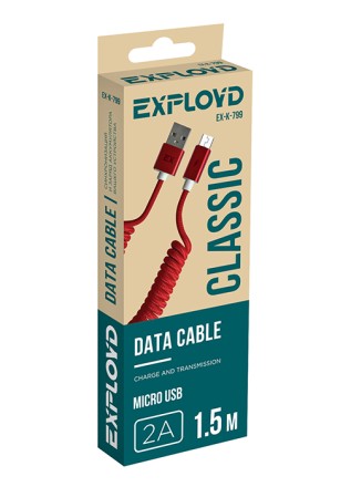 Дата-кабель/Exployd/USB - microUSB/пружина/нейлон/красный/1.5М/2A/Classic/EX-K-799