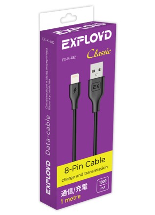 Дата-кабель/Exployd/USB - 8 Pin/круглый/чёрный/1М/EX-K-482
