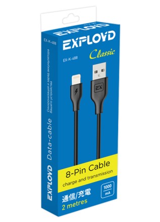 Дата-кабель/Exployd/USB - 8 Pin/круглый/чёрный/2М/Classic/EX-K-488