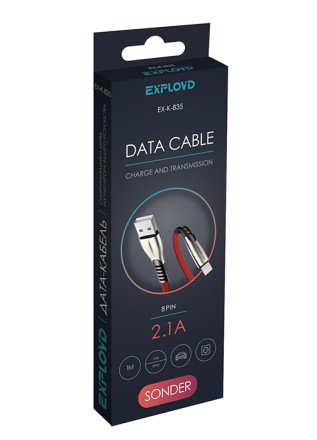 Дата-кабель/Exployd/USB - 8 Pin/плоский/нейлон/красный/1М/2.1A/SONDER/EX-K-835