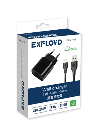 Сетевое ЗУ/Exployd/8 Pin/3.1A/2.1А+1А/2хUSB/чёрный/Classic/EX-Z-466