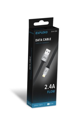 Дата-кабель/Exployd/USB - 8 Pin/плоский/силикон/чёрный/1М/2.4A/Flow/EX-K-1314