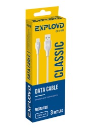 Дата-кабель/Exployd/USB - microUSB/круглый/белый/3М/1A/Classic/EX-K-808