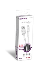 Дата-кабель/Exployd/USB - microUSB/круглый/нейлон/белый/1М/2.4A/Flow/EX-K-1266