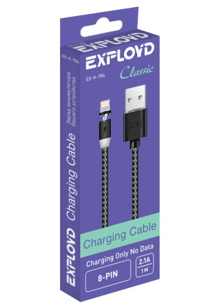 Кабель/Exployd/USB - 8 Pin/круглый/нейлон/чёрный/1М/2.1A/зарядка/Magnetic/Classic/EX-K-784