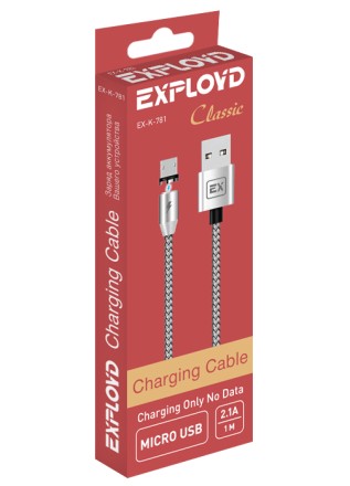 Кабель/Exployd/USB - microUSB/круглый/нейлон/серебро/1М/2.1A/зарядка/Magnetic/Classic/EX-K-781