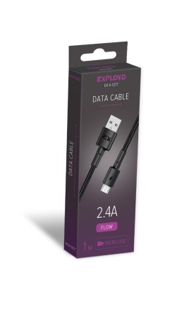 Дата-кабель/Exployd/USB - microUSB/круглый/нейлон/чёрный/1М/2.4A/Flow/EX-K-1277