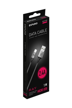 Дата-кабель/Exployd/USB - microUSB/круглый/нейлон/чёрный/1М/2.4A/Ray/EX-K-1210