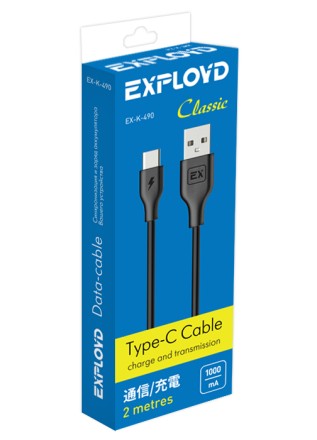 Дата-кабель/Exployd/USB - TYPE-C/круглый/чёрный/2М/Classic/EX-K-490