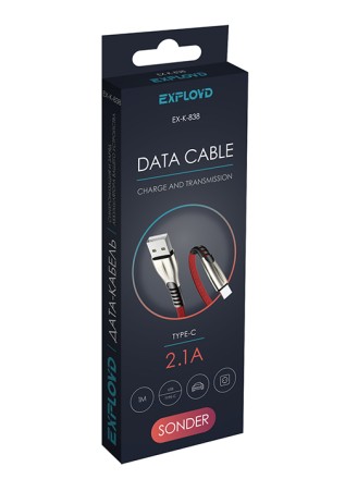 Дата-кабель/Exployd/USB - TYPE-C/плоский/нейлон/красный/1М/2.1A/SONDER/EX-K-838
