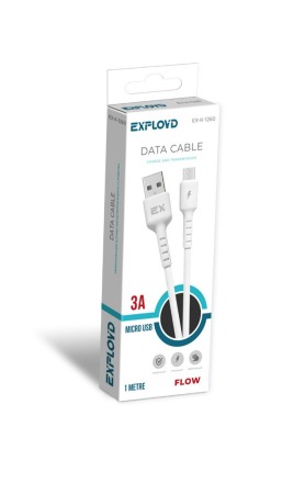 Дата-кабель/Exployd/USB - microUSB/круглый/силикон/белый/1М/3A/Flow/EX-K-1260