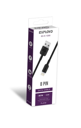 Дата-кабель/Exployd/USB - USB - 8 Pin/круглый/нейлон/чёрный/1М/2.4A/Flow/EX-K-1255