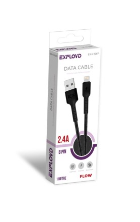 Дата-кабель/Exployd/USB - USB - 8 Pin/круглый/нейлон/чёрный/1М/2.4A/Flow/EX-K-1267