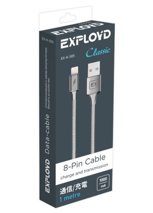 Дата-кабель/Exployd/USB - 8 Pin/круглый/серый/1М/Classic/EX-K-505