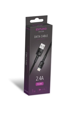 Дата-кабель/Exployd/USB - USB - 8 Pin/круглый/нейлон/чёрный/1М/2.4A/Flow/EX-K-1279